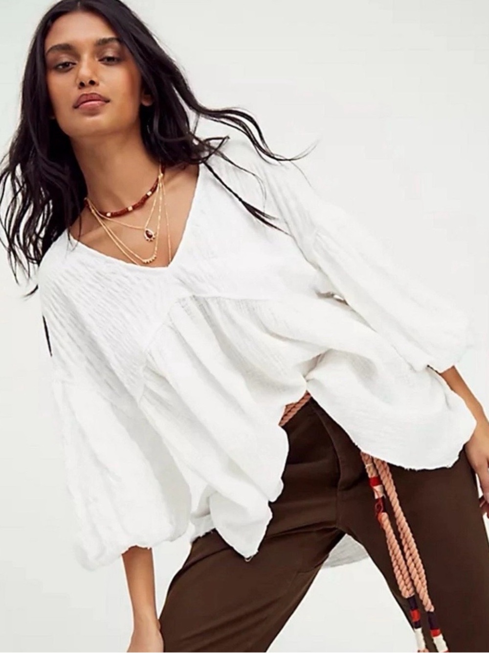 We The Free White V-Neck Peasant Blouse - Women Oversized